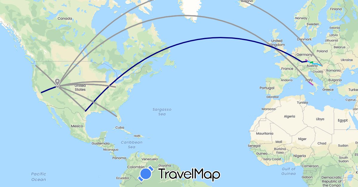 TravelMap itinerary: driving, bus, plane, train, boat in Austria, Czech Republic, Germany, Hungary, Italy, United States (Europe, North America)